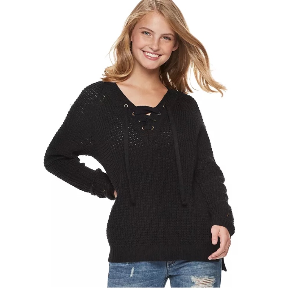 It's Our Time Chunky Knit Sweater with Lace Up Neckline, Black XS